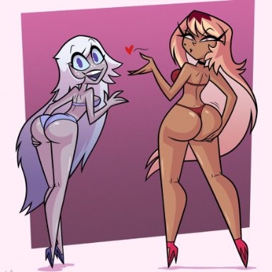 hazbin hotel, helluva boss, emily (hazbin hotel), verosika mayday (helluva boss), naughtymex, 2girls, angel, bent over, big ass, bikini, grabbing own ass, grey body, heels, jiggling ass, multiple girls