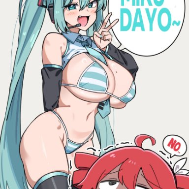 synthesizer v, utau, vocaloid, hatsune miku, hatsune miku (collared bikini), kasane teto, kasane teto (sv), gungye, 2girls, ahoge, alternate breast size, aqua eyes, aqua hair, aqua nails, aqua necktie