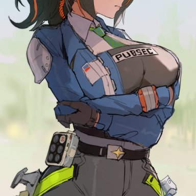 hoyoverse, mihoyo, zenless zone zero, zhu yuan, kataku musou, 1girls, arms crossed, big breasts, black hair, busty, child bearing hips, clothed, cop, crossed arms, dark hair