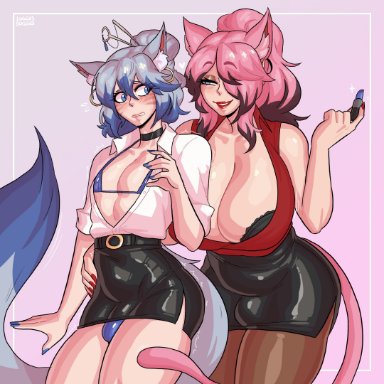 final fantasy, final fantasy xiv, kuromaru (original character), miqo'te, zephyr winds, loggus doggus, 1boy, 1futa, animal ears, before and after, big breasts, bikini, bikini under clothes, black highlights, blue bikini