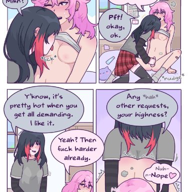 welcome to heaven, 2futas, bandaid, bed, bedroom, black hair, blush, bottomless, brat, doggy style, dominant futa, dominant futanari, duo, duo focus, ear piercing