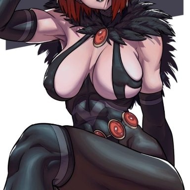 dc, dc comics, patreon, teen titans, rachel roth, raven (dc), stopu, 1girls, armwear, black and red hair, black clothing, blush, bob cut, breasts, chin length hair