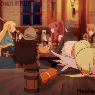 dungeon meshi, aqua (konosuba), darkness (konosuba), satou kazuma, maplestar, after sex, after vaginal, alcohol, anus, aqua face, ass, ass focus, blue eyes, blue hair, breasts