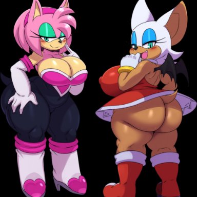 sega, sonic (series), sonic team, sonic the hedgehog (series), amy rose, amy rose (cosplay), rouge the bat, rouge the bat (cosplay), sssonic2, 2girls, 5 fingers, alternate ass size, alternate body type, alternate breast size, alternate costume