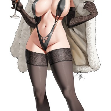 zenless zone zero, grace howard, champagne, curvy, full body, fur coat, heels, holding glass, huge breasts, navel, revealing clothes, slender waist, slingshot swimsuit, smile, thighhighs