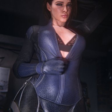 resident evil, resident evil 3, resident evil 3 remake, jill valentine, jill valentine (sasha zotova), checkpik, 1girls, asymmetrical hair, battlesuit, blue eyes, bra, brown hair, camel toe, cameltoe, covered nipples