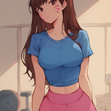 blizzard entertainment, overwatch, d.va, santaclausai, bare arms, big breasts, blush, brown eyes, brown hair, clothed, clothing, color, female focus, female only, large breasts