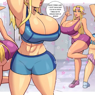 metroid, the legend of zelda, princess zelda, samus aran, zelda (a link between worlds), misskoi, 2girls, big ass, bimbofication, blonde hair, blue shorts, breast expansion, female, gym, gym clothes