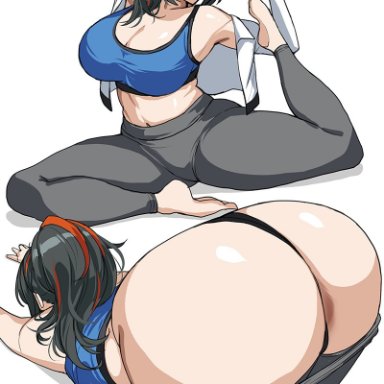 zenless zone zero, zhu yuan, hella p, ass, black hair, black panties, black pants, blue sports bra, breasts, cleavage, clothes pull, female, hair between eyes, large breasts, long hair