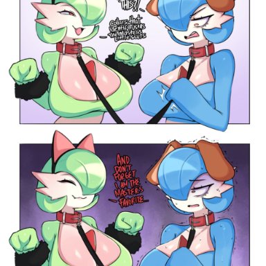 nintendo, pokemon, gardevoir, generation 3 pokemon, pokemon (species), shiny gardevoir, shiny pokemon, saltyxodium, 2girls, big breasts, cat ears, collar, dog ears, fake animal ears, female