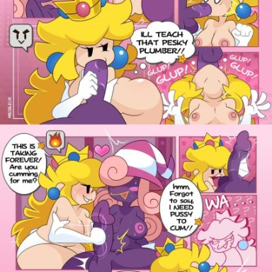 mario (series), nintendo, paper mario, goonie (mario), paper peach, princess peach, vivian (paper mario), mrcbleck, 1dickgirl, 1girls, 2girls, angry, areolae, ass focus, assisted exposure