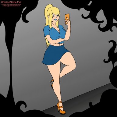 metroid, nintendo, samus aran, creativename.exe, 1girls, against wall, blonde hair, blue eyes, blue shirt, blue skirt, body invasion, cleavage, closed eyes, clothing, cum