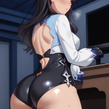 fate (series), fate/stay night, genshin impact, eula (genshin impact), eula (genshin impact) (cosplay), tohsaka rin, ass, ass focus, backless outfit, black legwear, black leotard, black thighhighs, fat ass, gloves, heavy breathing