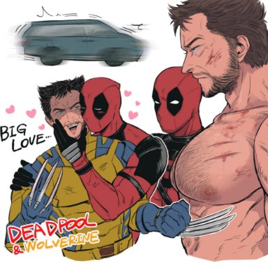 deadpool &amp; wolverine (2024), honda, marvel, x-men, deadpool, logan (x-men), wade wilson, wolverine (x-men), 2boys, 2males, abs, beard, big pecs, car, chest