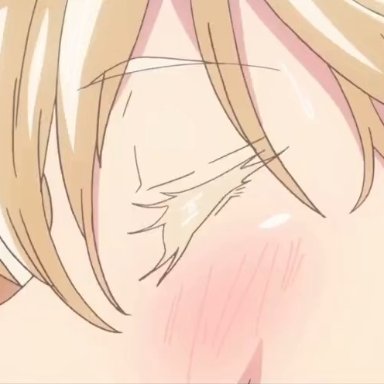 suomi-sensei, pink pineapple, 2boys, blonde hair, blue eyes, blush, bouncing breasts, breasts, closed eyes, colored eyelashes, cum, cum in mouth, day, deepthroat, facial