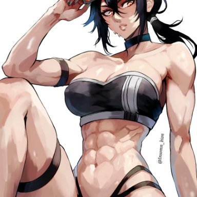 zenless zone zero, grace howard, vcais, 1girls, abs, bikini, black bikini, black hair, blue choker, chocker, cleavage, grey nails, highleg bikini, muscular, muscular female