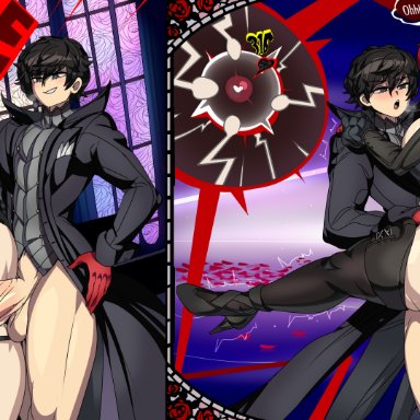 persona, persona 5, joker (persona), kasumi yoshizawa, ren amamiya, sumire yoshizawa, violet (persona), captain kirb, 1boy, 1girls, ahe gao, ass, balls, big ass, black hair