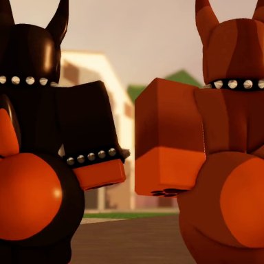 roblox, robloxian, willie piv, 2boys, anus, ass, balls, bracelets, collar, dobermann, furry, gay, male, outside, 3d