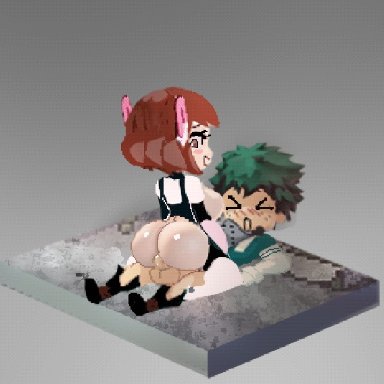 my hero academia, izuku midoriya, ochako uraraka, artist request, balls, big ass, big balls, big breasts, big butt, breasts, bubble butt, cowgirl position, hero outfit (mha), jiggling ass, jiggling breasts