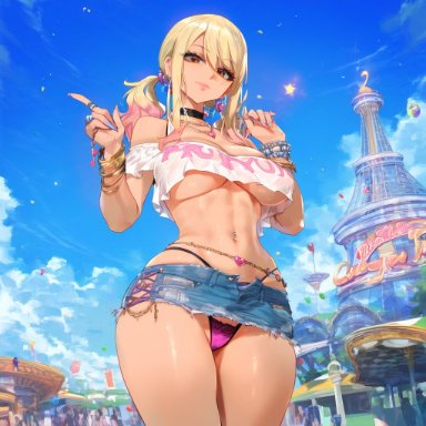 fairy tail, lucy heartfilia, waifulover, 1girls, bangle, bangs, bare shoulders, bikini, blonde hair, blue sky, blush, bracelet, breasts, brown eyes, choker