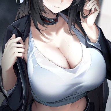 zenless zone zero, grace howard, re0n, 1girls, breasts, busty, choker, cleavage, clothing, female, female only, human, jacket, jeans, large breasts