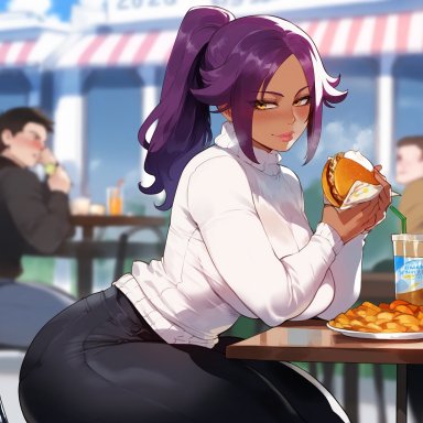 bleach, shihouin yoruichi, miyuai, blush, breasts, burger, dark skin, dark-skinned female, dating, food, looking at viewer, mature female, milf, ponytail, public