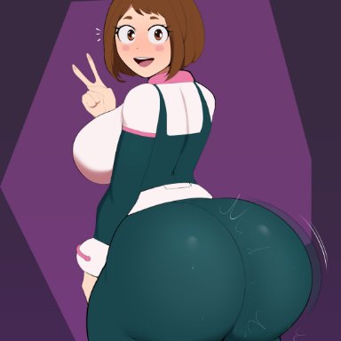 my hero academia, ochako uraraka, g3mma, 1girls, as, ass clapping, back view, female, female only, gigantic ass, huge ass, human, looking at viewer, solo, solo female