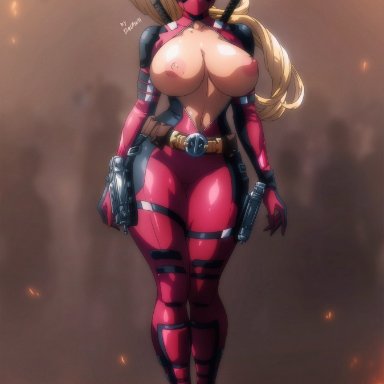 deadpool &amp; wolverine (2024), marvel, marvel comics, blake lively, lady deadpool, wanda wilson, dindakai, 1girls, areolae, belt, big breasts, blonde hair, bodysuit, boots, breasts