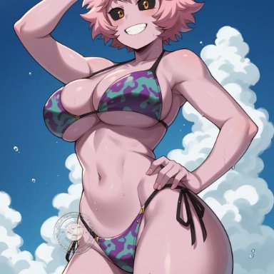 boku no hero academia, my hero academia, shounen jump, mina ashido, lokokabooster69, athletic female, bare legs, beach, big breasts, bikini, bikini top, black eyes, curvaceous, horn, horns