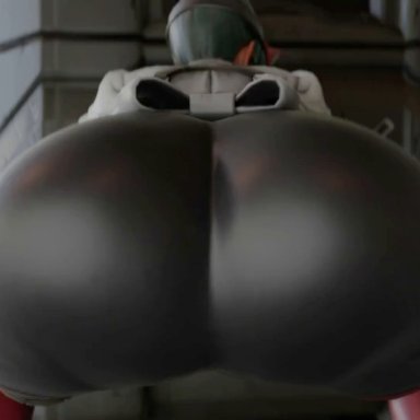 overwatch, overwatch 2, kiriko (overwatch), kishi, ass, ass focus, ass shake, bodysuit, female, from behind, green hair, huge ass, jiggle, leaning, leaning forward