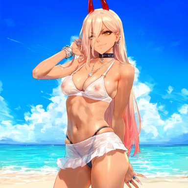 chainsaw man, power (chainsaw man), waifulover, 1girls, areolae, bare shoulders, beach, bikini, black bikini, black choker, blonde hair, blue sky, blush, bracelet, breasts