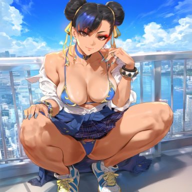 street fighter, street fighter 6, chun-li, waifulover, 1girls, bangs, bikini, black hair, blue bikini, blue hair, blue nails, blue skirt, blue sky, blue swimsuit, bracelet