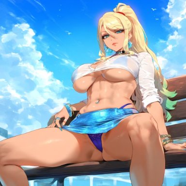 metroid, nintendo, samus aran, waifulover, 1girls, abs, bangs, bikini, bimbo, bird, black choker, blonde hair, blue eyes, blue nails, blue skirt