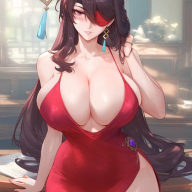 genshin impact, beidou (genshin impact), hydrolis999, 1girls, alternative costume, bangs, bare shoulders, black hair, blush, breasts, brown hair, clavicle, cleavage, closed mouth, clothing