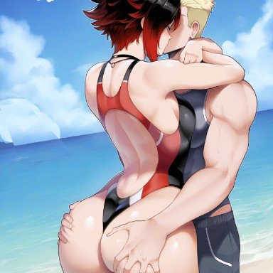 rwby, jaune arc, ruby rose, meepking, 1boy, 1girls, abs, ass, ass focus, back, back view, bare arms, bare legs, bare shoulders, bare thighs