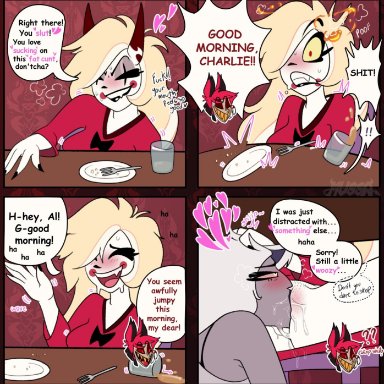 hazbin hotel, alastor (hazbin hotel), charlie morningstar, vaggie (hazbin hotel), impmussa, beverage, blush, bodily fluids, bow tie, clothing, confusion, cunnilingus, cutlery, demon, duo