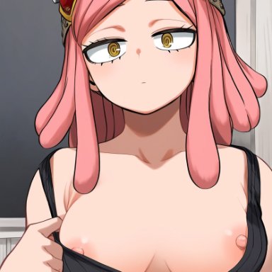 my hero academia, hatsume mei, mei hatsume, 1girls, breasts, breasts out, goggles on head, large breasts, looking at viewer, nipples, no bra, pink hair, showing breasts, solo, strap slip