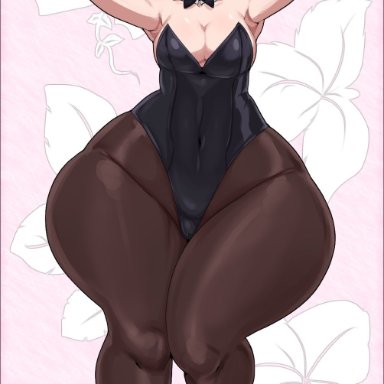 one-punch man, tatsumaki, thecon, 1girls, alternate ass size, alternate breast size, ass, ass bigger than head, blush, breasts, bunny ears, bunnysuit, child bearing hips, flat belly, front view