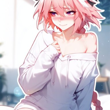 fate (series), fate/grand order, astolfo (fate), a1exwell, 1boy, blush, embarrassed, femboy, hoodie, off shoulder, sleeves past wrists, stockings, thighhighs, thong, ai generated