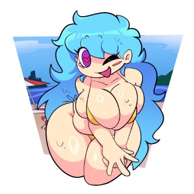 friday night funkin, friday night funkin mod, skyverse, skyblue, skyblue (friday night funkin), thehoraco, 1female, 1girl, 1girls, beach, beach background, big boobs, big breasts, big tits, blue hair