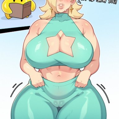 mario (series), nintendo, luma, princess rosalina, foxicube, 1girls, alternate body type, alternate breast size, ambiguous sex, big breasts, bimbo, breasts bigger than head, cameltoe, female focus, huge breasts