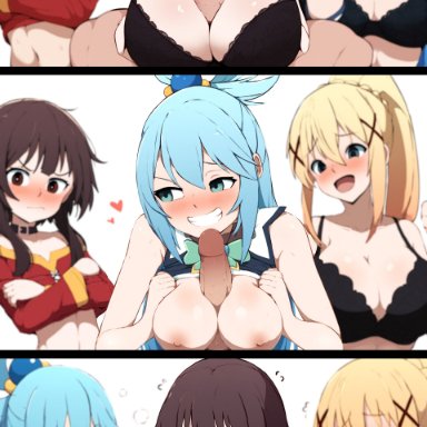 aqua (konosuba), darkness (konosuba), megumin, latbjorn ai, 1boy, 3girls, bangs, bare shoulders, between breasts, black bra, black clothes, black hair, black underwear, blonde hair, blue eyes