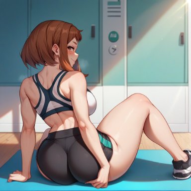 my hero academia, ochako uraraka, uraraka ochako, ex ex, grabbing ass, gym, gym uniform, ai generated