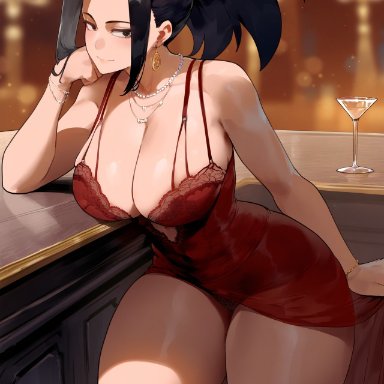 my hero academia, momo yaoyorozu, erotic nansensu, bedroom eyes, big breasts, cleavage, earrings, panties, pantyshot, seducing, seductive, teenager, thick thighs, ai assisted, ai generated