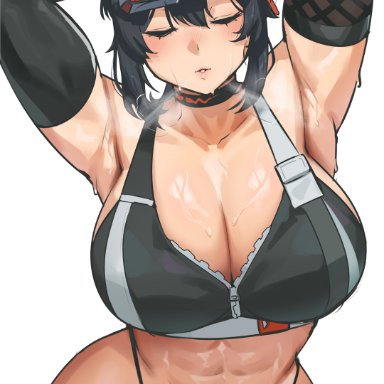 zenless zone zero, grace howard, cromwellb, 1girl, 1girls, abs, armpits, arms above head, arms up, armwear, big breasts, black hair, black thong, bra, breasts