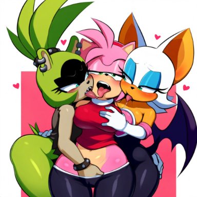 sega, sonic (series), sonic the hedgehog (idw), sonic the hedgehog (series), amy rose, mobian (species), rouge the bat, surge the tenrec, 3girls, anthro, anthro on anthro, bat, bat wings, ear piercing, fangs