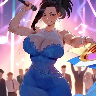 my hero academia, momo yaoyorozu, erotic nansensu, bedroom eyes, big breasts, earrings, pantyless, seducing, seductive, teenager, thick thighs, ai assisted, ai generated