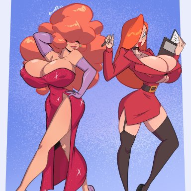 powerpuff girls, who framed roger rabbit, jessica rabbit, sara bellum, gewd-boi, 2d artwork, ass, big breasts, breasts, female, hair, huge breasts, outfit, outfit swap, red clothing