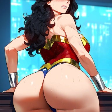 dc comics, justice league, wonder woman (series), diana prince, wonder woman, floxin, 1girls, aqua eyes, ass, ass focus, bangs, bare shoulders, black hair, blue eyes, blush