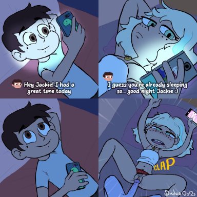 disney, disney xd, star vs the forces of evil, drules, jackie lynn thomas, marco diaz, tom lucitor, drules (artist), 1girls, 2boys, bed, bedroom, bedroom setting, blonde hair, blush